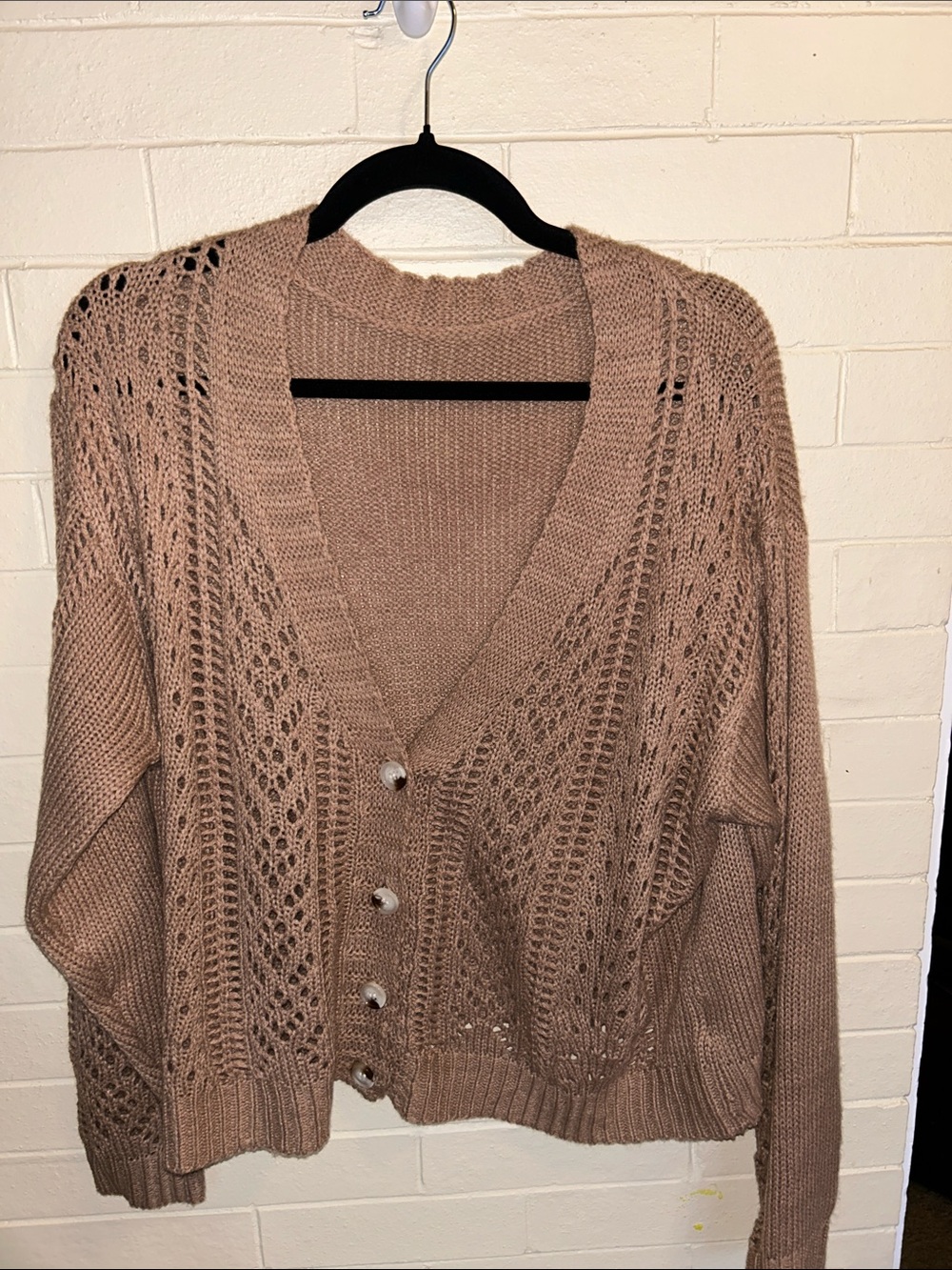 Women’s Openwork Button-Front Cardigan Sweater - Taupe NWOT